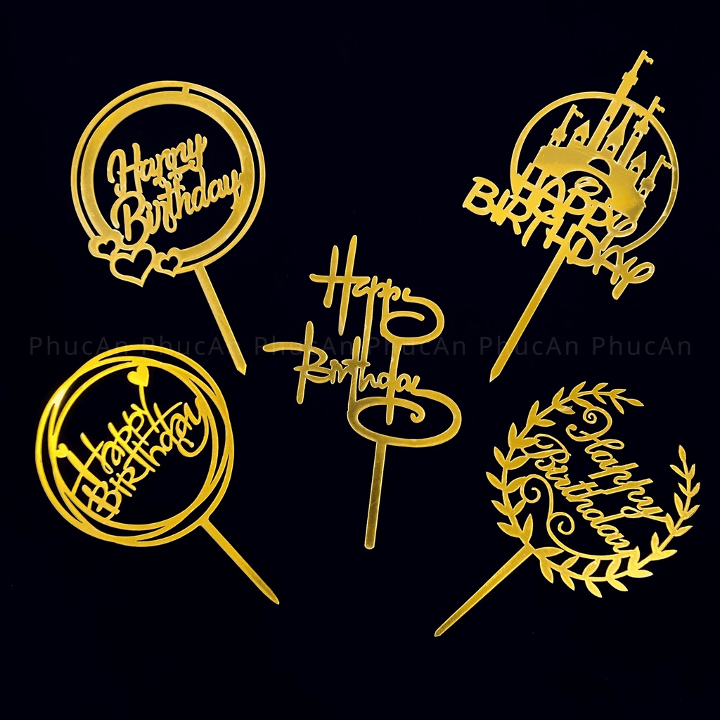 Cây cắm hpbd mica vàng đen cắm bánh sinh nhật ngẫu nhiên