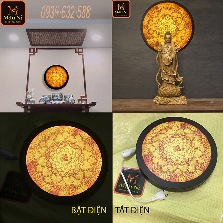 Đèn hào quang để bàn thờ mẹ quan âm MÂU NI in tranh trúc chỉ 198 để sau làm tượng phật