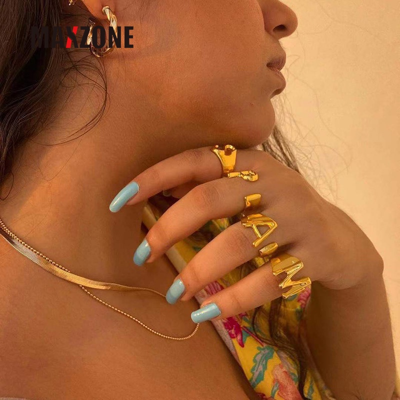 Nhẫn Chữ Cái Từ A-Z Bằng Thép Không Gỉ Màu Vàng Thời Trang 2022