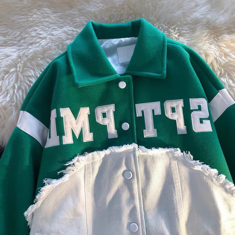 Áo Varcity Vải dạ tay da 2 lớp họa tiết thêu phối jean