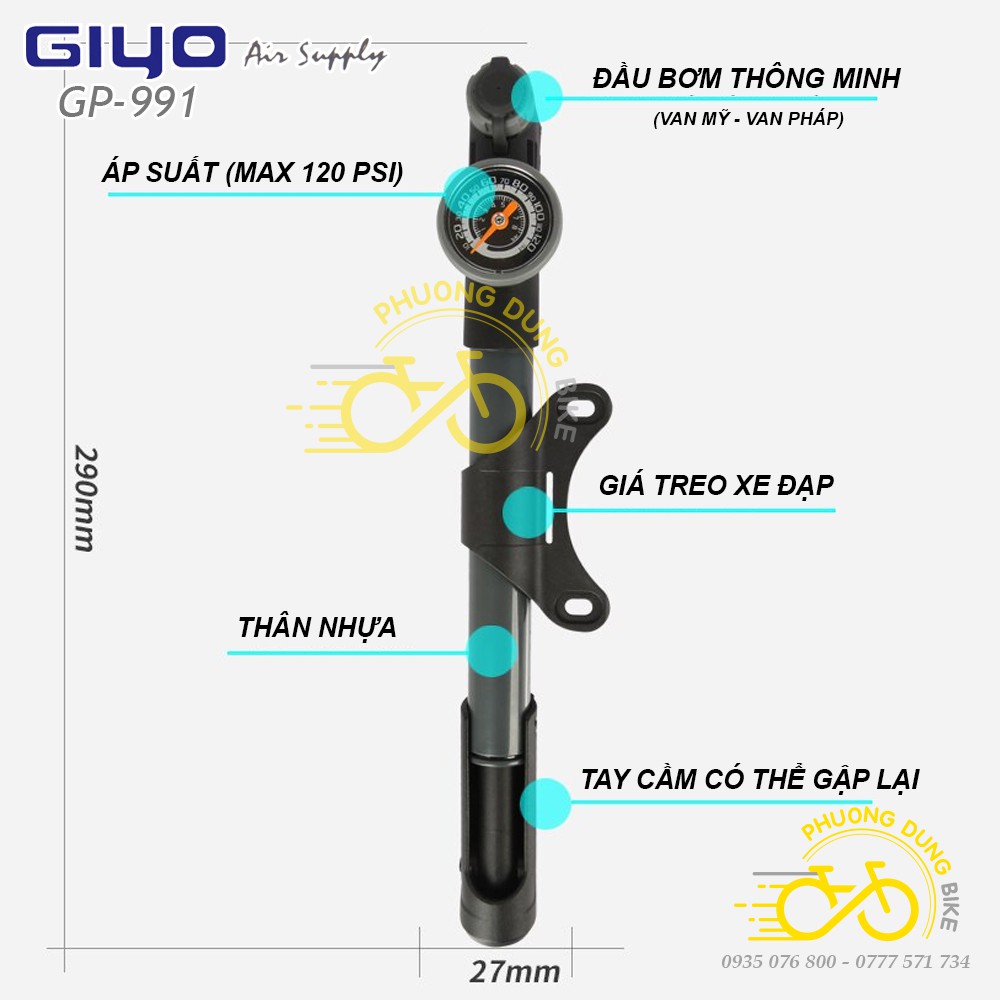 Bơm mini xe đạp Giyo GP-991 có đồng hồ đo áp suất - Van Thông Minh