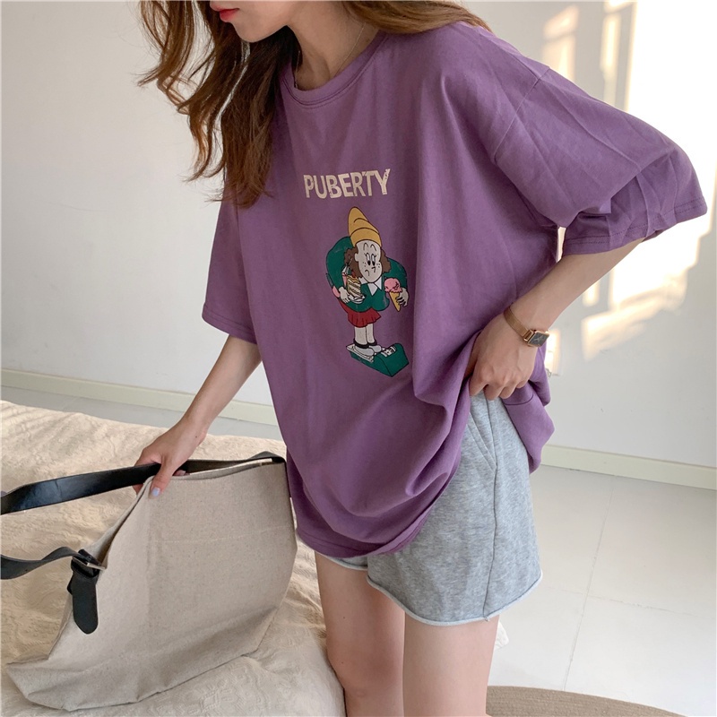 Áo Thun Tay Ngắn Cổ Tròn In Họa Tiết Hoạt Hình Phong Cách Hàn Quốc