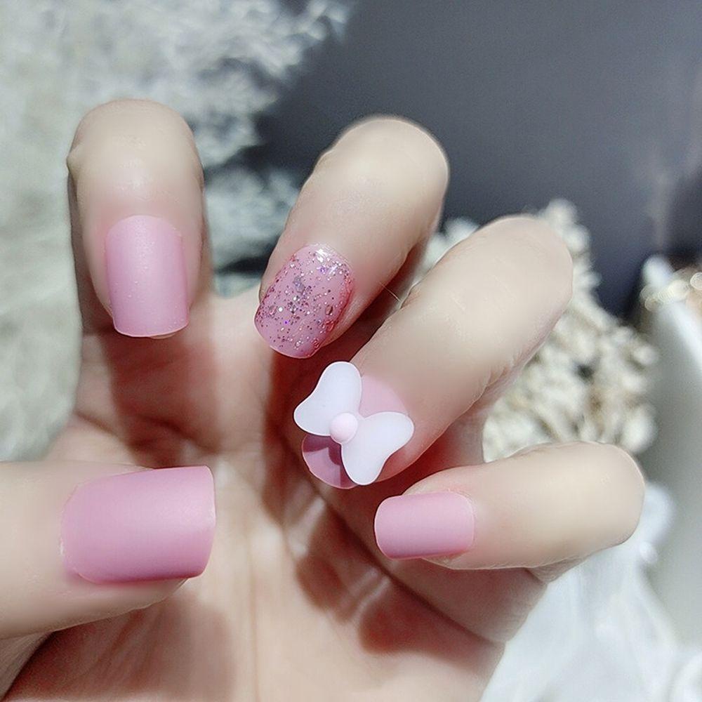 Móng Tay Giả Ngắn Đính Nơ 3D Lấp Lánh Thời Trang Có Thể Tháo Rời