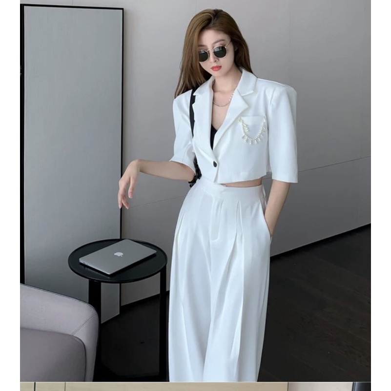 Set vest dáng croptop mix quần ống rộng cạp cao túi đính dây cườm sang chảnh đi chơi, đi tiệc siêu xinh