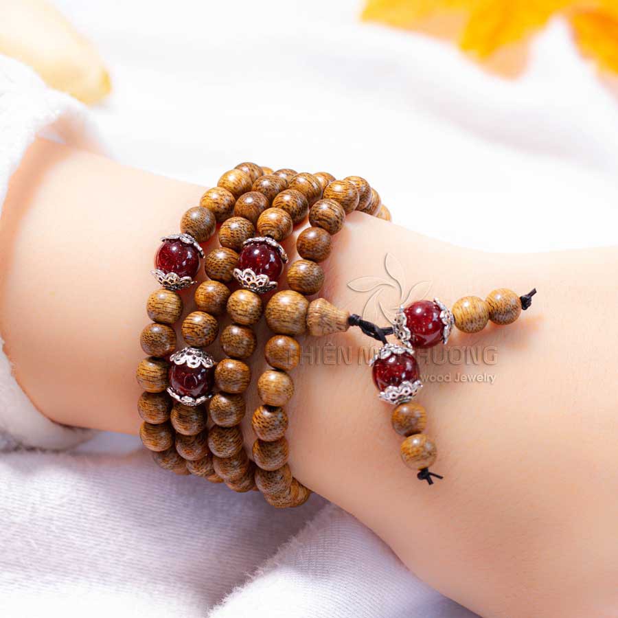 Vòng tay trầm hương tự nhiên 108 hạt mix Đá Phong Thủy -  Thiên Mộc Hương - Trầm Tốc - An yên, đoạn trừ 108 phiền não