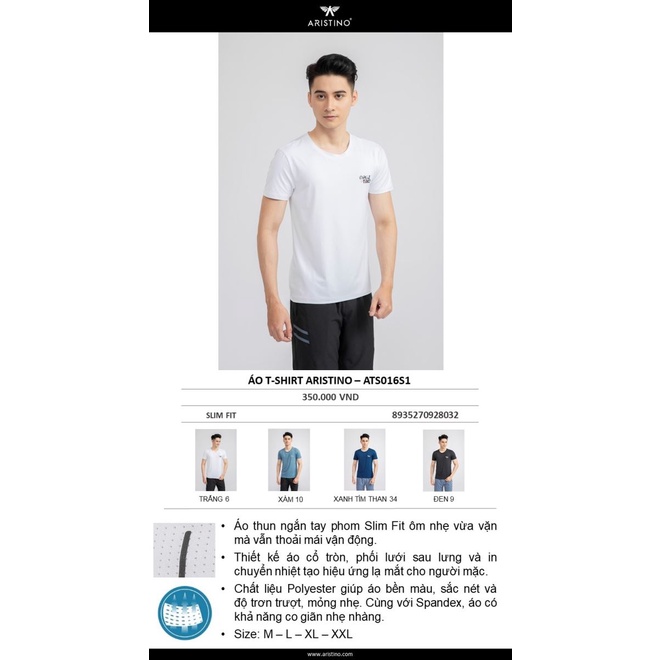 Áo phông nam Aristino  dáng slimfit cổ tròn vải thoáng mát co giãn nhẹ bền màu ATS016S1
