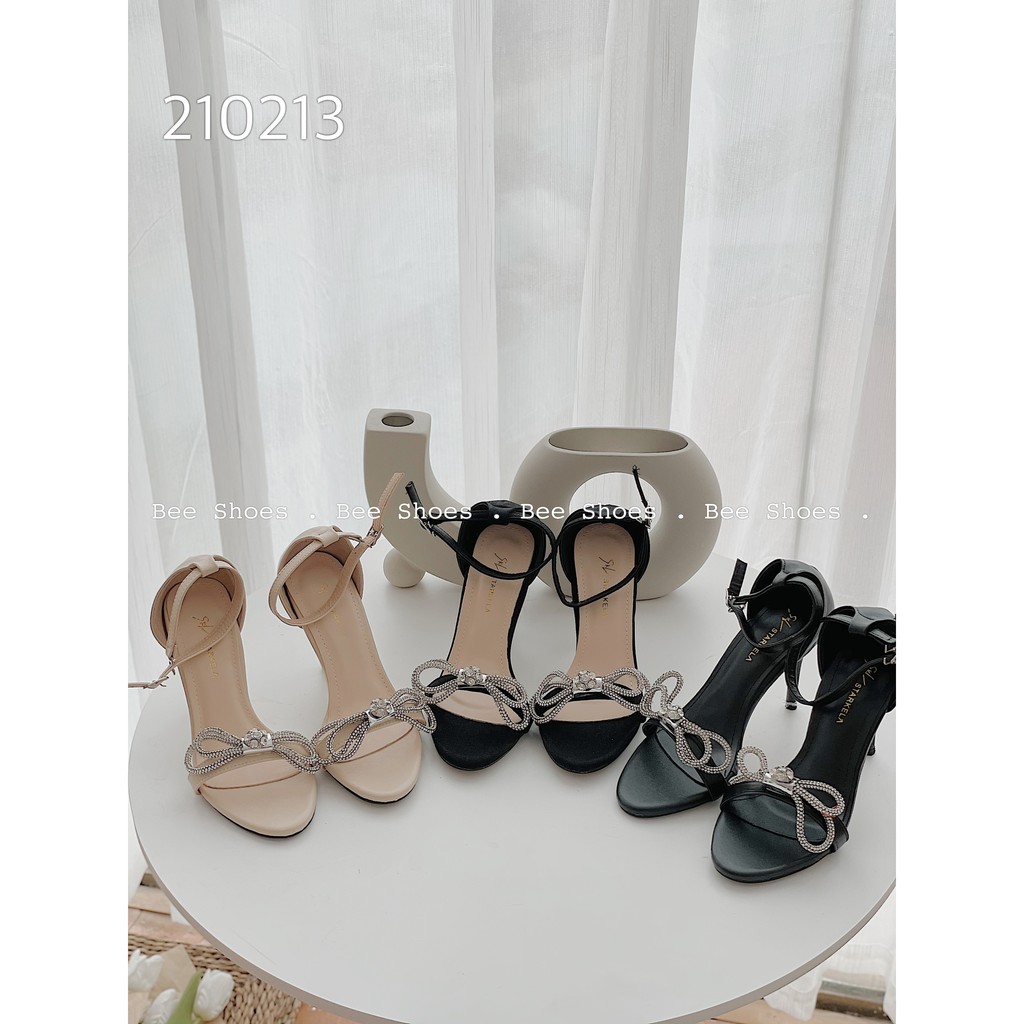 BEESHOES - SANDAL NỮ MŨI VUÔNG GÓT VUÔNG CAO 9PHÂN - SANDAL QUAI NƠ   ĐÁ CHẤT DA BÓNG SẪN MÀU ĐEN-BẠC-KEM-ĐEN LỤA 210213