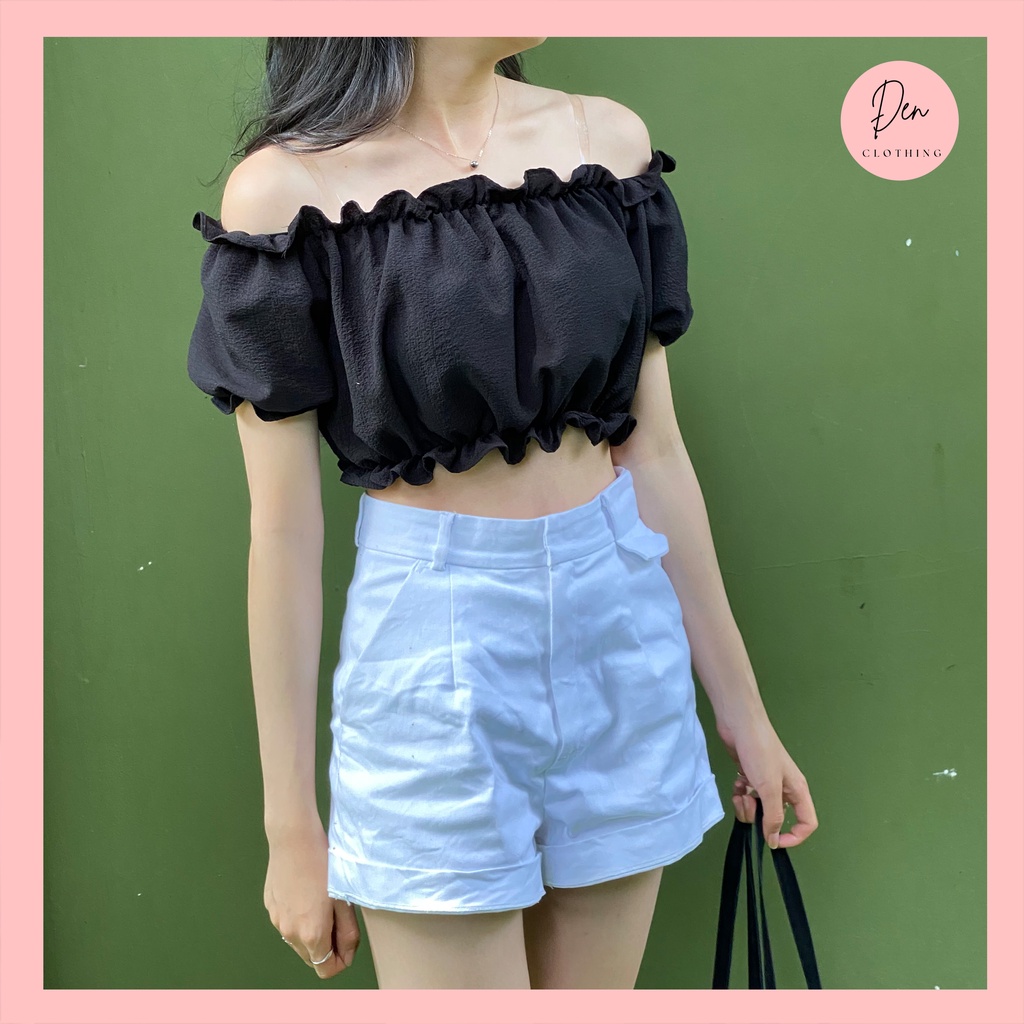 Áo croptop trễ vai Đen Clothing tay bồng chất vải không nhăn mềm mại 3 màu lựa chọn