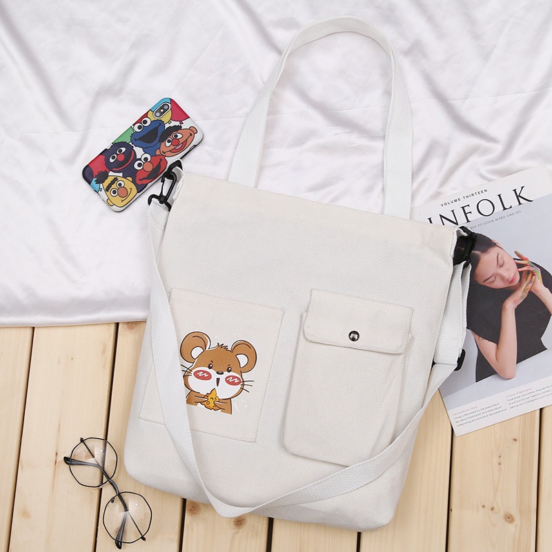 Túi Đeo Vai Vải Canvas In Logo Thiết Kế Mới Sức Chứa Lớn Thời Trang Cho Nữ