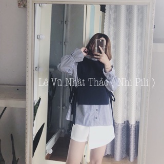 Áo kẻ phối nơ eo thiết kế