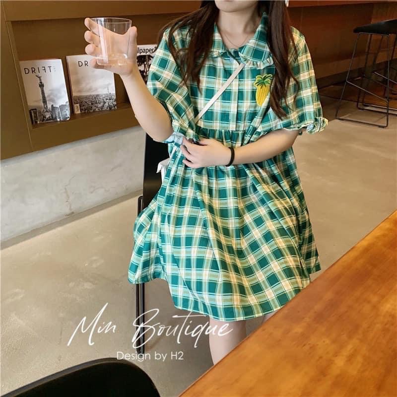 VÁY BABYDOLL KẺ XANH CỔ BÈO THÊU DỨA | BigBuy360 - bigbuy360.vn