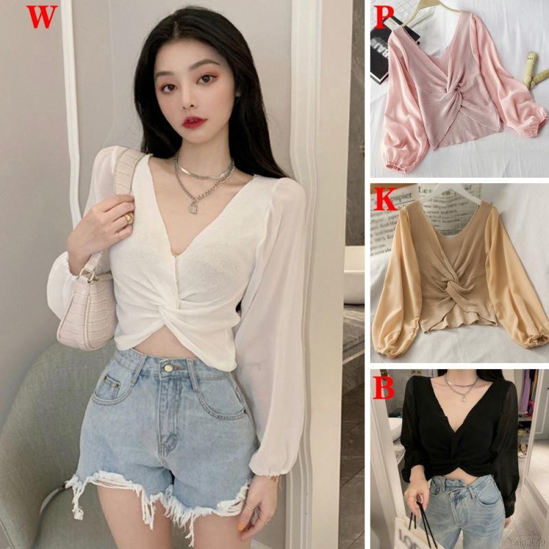 Áo Croptop Dệt Kim Thiết Kế Cổ Chữ V Thời Trang Quyến Rũ Dễ Thương