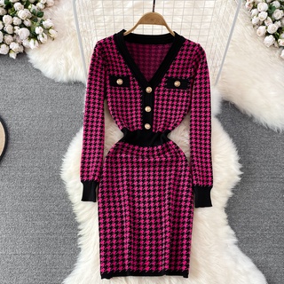 #2207 [Order] Đầm tay dài dáng cổ chữ V dáng ôm chất len dệt 5 màu
