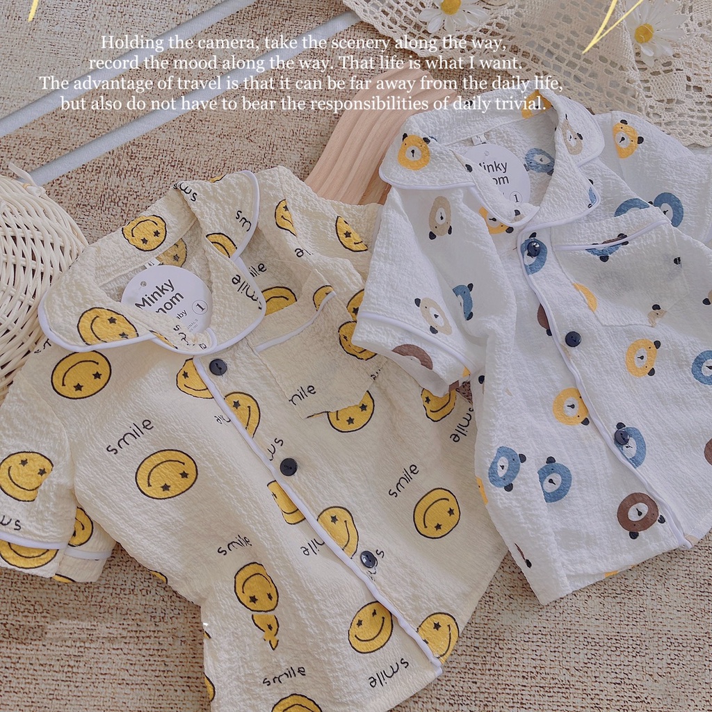 Bộ Đồ Pyjama Bé Trai, Bé Gái Vải Thô Xốp Mềm Mịn Hoạ Tiết Mặt Cười, Bộ Quần Áo Cho Bé Mặc Ở Nhà CK14