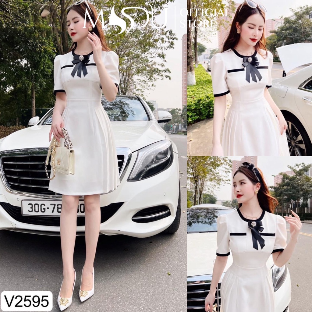 Đầm nữ dáng xòe tay bồng xếp ly eo công sở trắng viền đen V2595 - THỜI TRANG THIẾT KẾ MDU