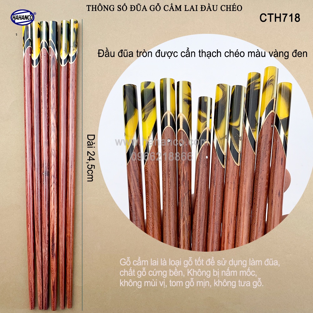 Đũa Gỗ Cẩm Lai Đầu Cẩn Thạch Chéo Vân Vàng HAHANCO (10 Đôi) Vân Gỗ Đẹp - CTH718