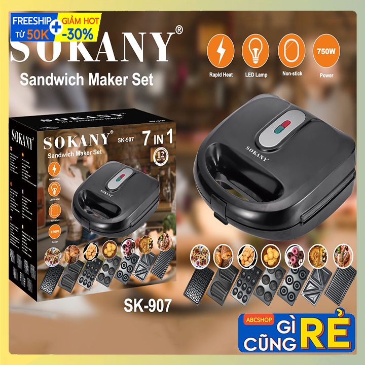 Máy Kẹp Nướng Làm Bánh Mỳ, Waffle 7 Bộ Khuôn Chính Hãng Sokany
