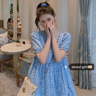 (ORDER) Váy hoa bi màu xanh dương nhạt dáng babydoll xòe ngắn đáng yêu style Hàn Quốc