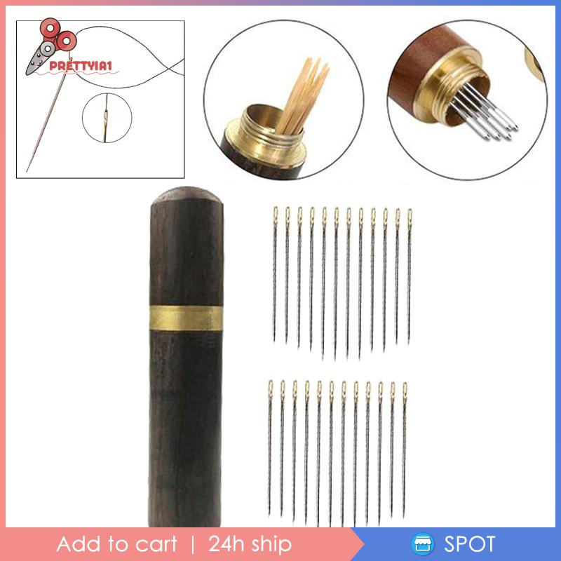 [Prettyia1] 24 Kim Xỏ Chỉ Tự Dính Với Hộp Đựng Kim Gỗ Màu Nâu_Golden