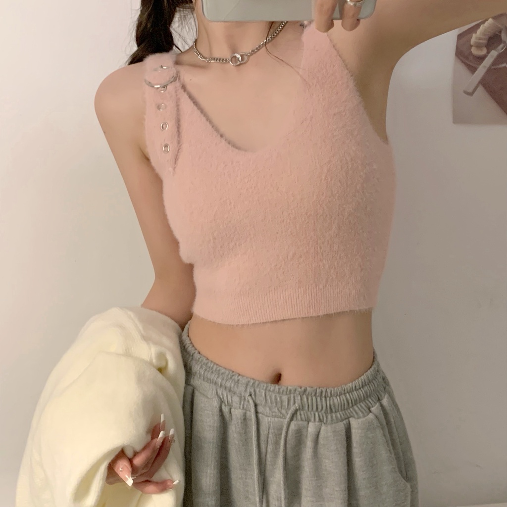 SUXI Áo Croptop Dệt Kim Cổ Chữ V Màu Sắc Ngọt Ngào