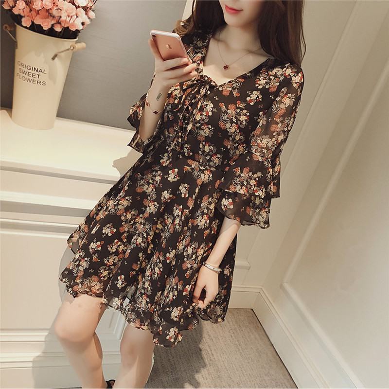 Đầm Chiffon Tay Loe Cổ Chữ V In Hoa Phong Cách Hàn Quốc Thời Trang Xuân Hè Hàng Mới Dành Cho Bạn Nữ