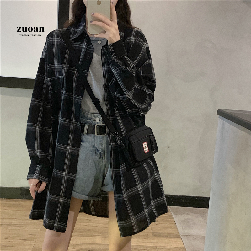 SUXI Áo sơ-mi tay dài họa tiết kẻ ca rô hợp thời trang cho nữ