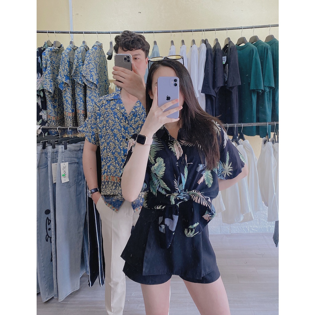 Áo Sơ Mi Ngắn Tay Cổ Vest Họa Tiết Hoa Văn Unisex Cho Nam Nữ mặc Đi Chơi Du Lịch Làm Đồ Đôi Chất Mát Không Nhăn