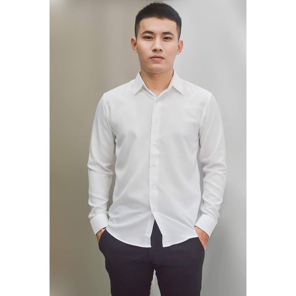 Áo sơ mi nam ôm body màu trắng chất liệu vải cotton lụa mềm mịn thoáng mát
