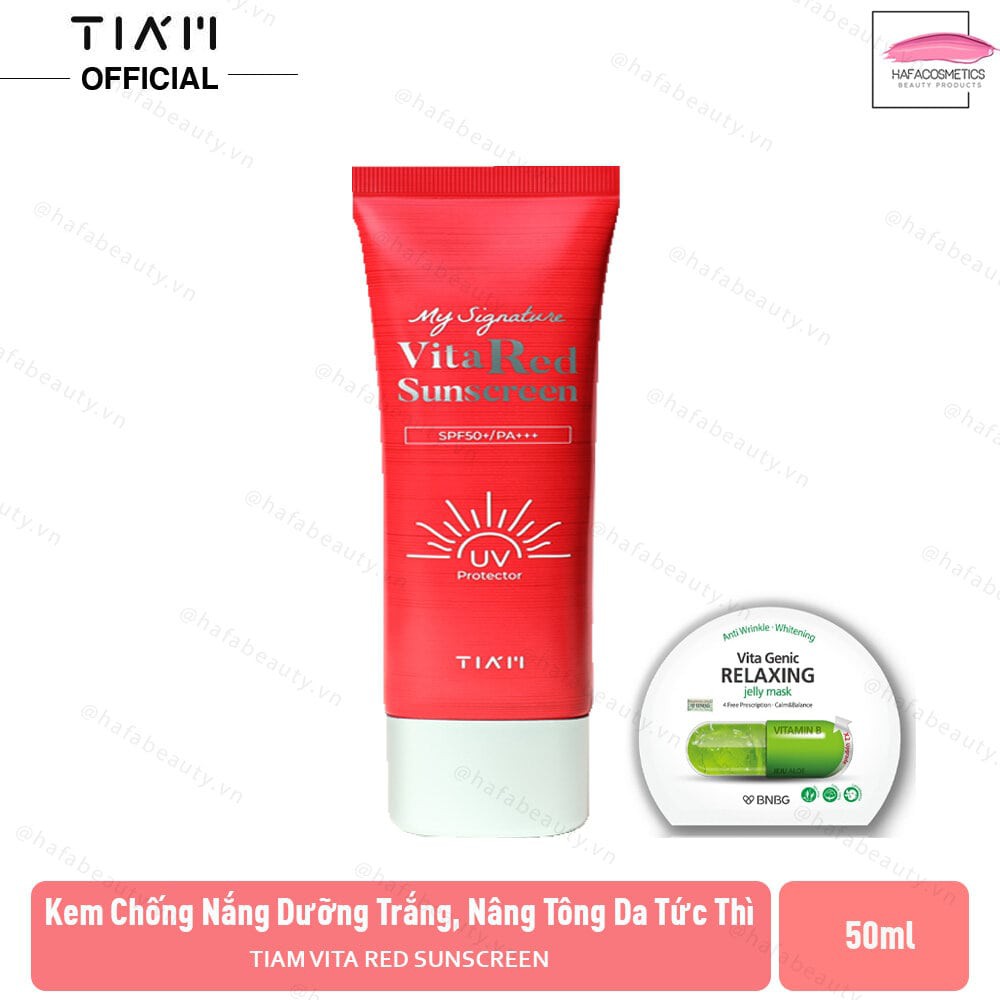 Kem Chống Nắng Dưỡng Trắng, Nâng Tông Da Tức Thì Tiam Vita Red Sunscreen 50ml SPF50+/PA+++ + tặng 1 Mặt Nạ BNBG