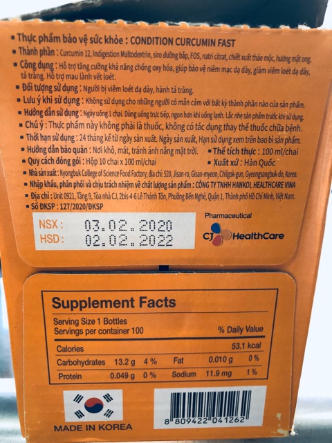 Condition Curcumin Fast - hỗ trợ tăng cường khả năng chống oxy hoá, giúp bảo vệ niêm mạc dạ dày, tá tràng...