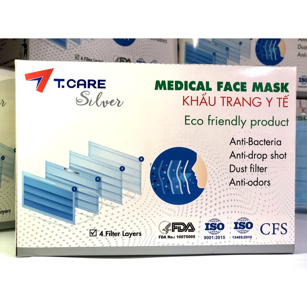 Khẩu Trang Y Tế cao cấp 4 lớp T.Care Silver màu xanh (50 cái / Hộp)