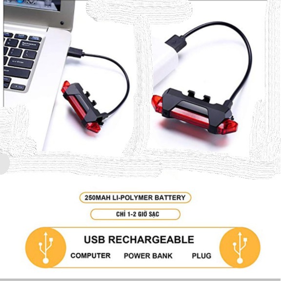 Đèn sau có sạc usb nhiều chế độ sáng bật sáng nhất lên tới 15 tiếng tặng dây sạc