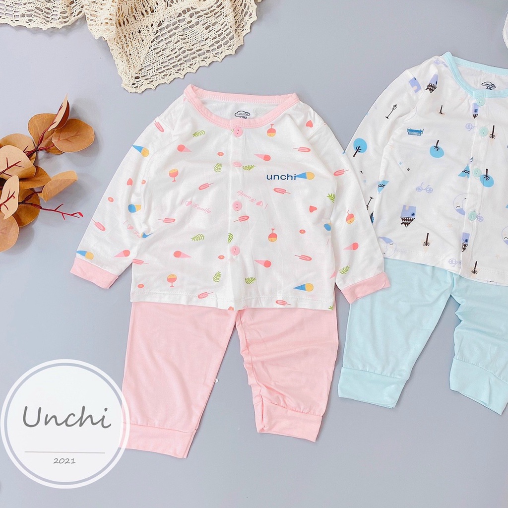 Bộ Quần Áo Bé Gái, Bé Trai UNCHI Vải Thun Lạnh Cúc Giữa Cổ Viền Quần Trơn, Bộ Sơ Sinh Dài Tay Cho Bé UNTD2112