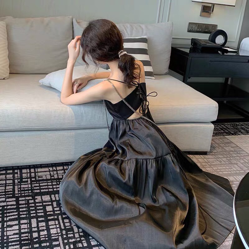 Đầm dự tiệc tơ ánh kim 3 tầng  sang trọng có đen và hồng nude DG 4259