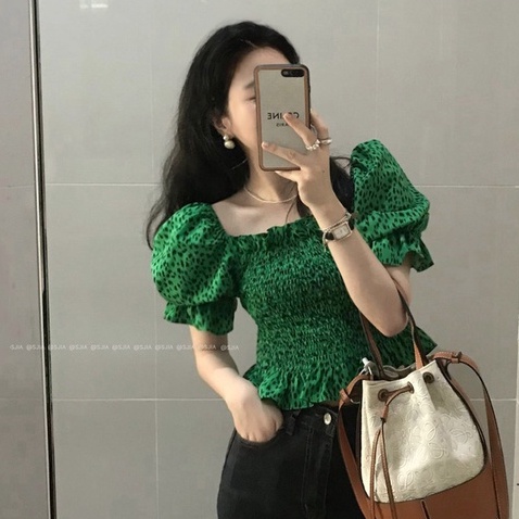 QADCOL Áo Kiểu Tay Phồng Cổ Vuông In Họa Tiết Da Báo Màu Xanh Lá Phong Cách Hàn Quốc