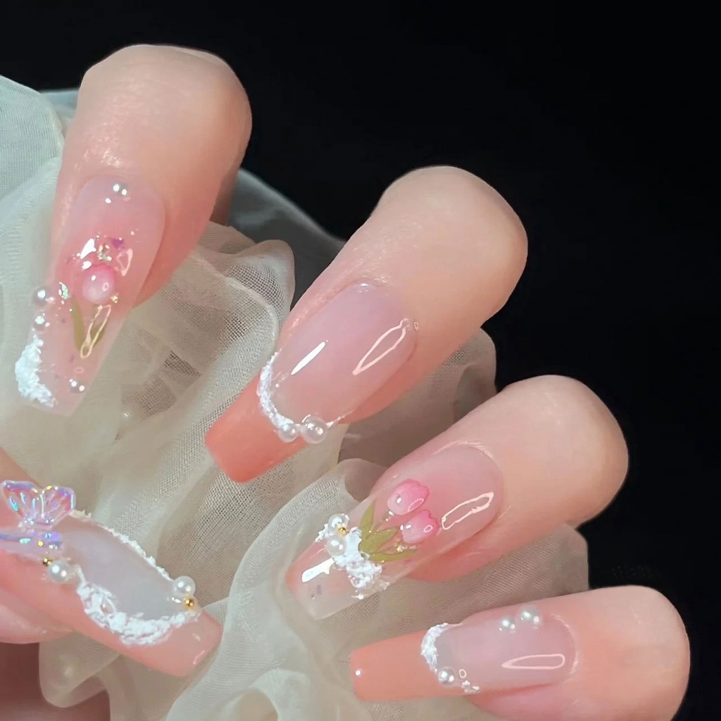 Miếng Dán Trang Trí Móng Tay Hình Hoa Tulip Đính Ngọc Trai Xinh Xắn