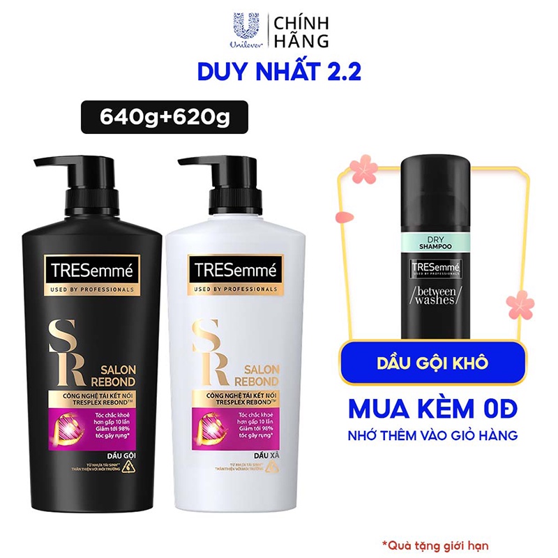 Combo Gội 640g, Xả 620g Tresemme Salon Rebond Cho Tóc Hư Tổn Do Tạo Kiểu Công Nghệ Tái Kết Nối Giúp Ngăn Gãy Rụng Tóc