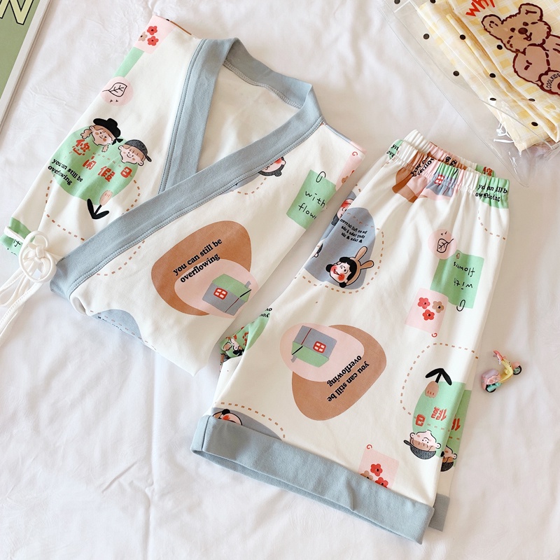 SUSQ2 Đồ Ngủ Kimono nữ đẹp mặc nhà phi bóng thắt eo quần lửng ngắn cute Bộ Pijama kiểu Nhật yukata lụa cộc tay buộc dây