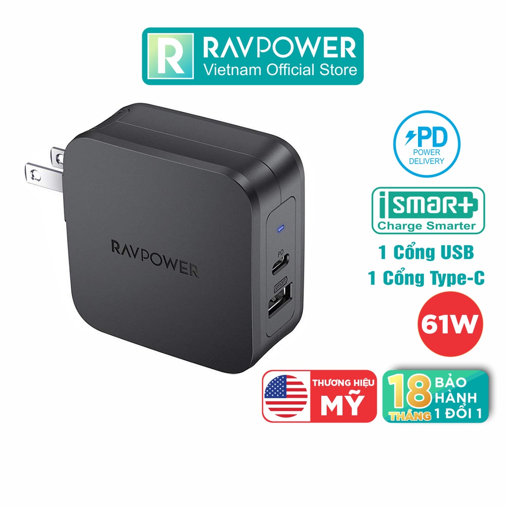 [Mã LT50 giảm 50k đơn 250k] Adapter Củ Sạc RAVPower RP-PC105 61W USB Type C PD 3.0, Chân AC Gập - Hàng Chính Hãng