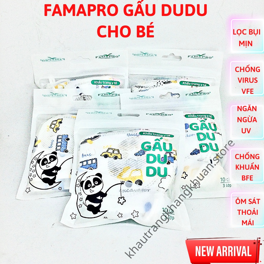 Khẩu trang 5D cho bé, khẩu trang Famapro Gấu Dudu cho bé, dễ đeo, ôm sát, không ngợp (hôp, túi 10 cái)