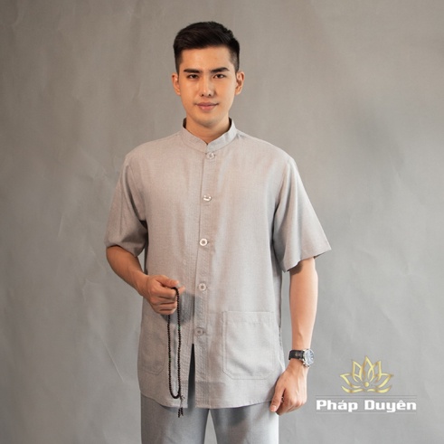 Bộ Quần Áo Thiền Nam Ngắn Tay Nút Nhựa, Vải Lanh Linen Hàn Quốc - Màu Nâu, Xám, Nâu Đen - Bộ Phật Tử, Đồ Lễ Đi Chùa