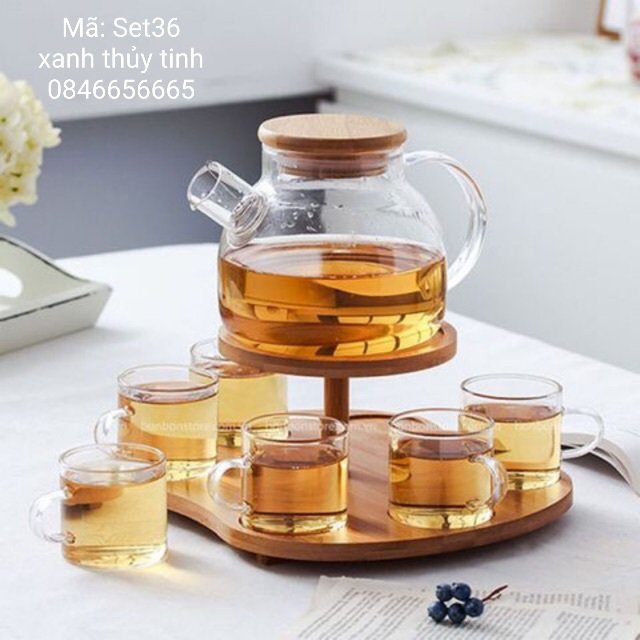 Set bình nắp tre 1lit + 6 chén quai trụ 100ml( không kèm khay)