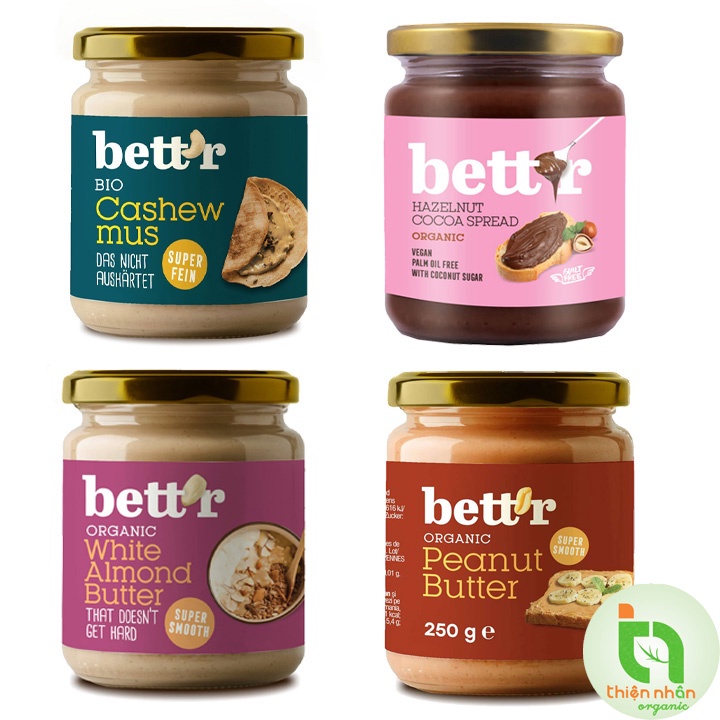 Bơ cacao hạt phỉ/ hạt điều/ hạnh nhân/ đậu phộng hữu cơ Bett'r 250gr