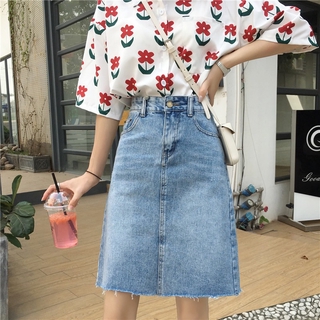 Chân váy Jean chữ A dài chấm gối