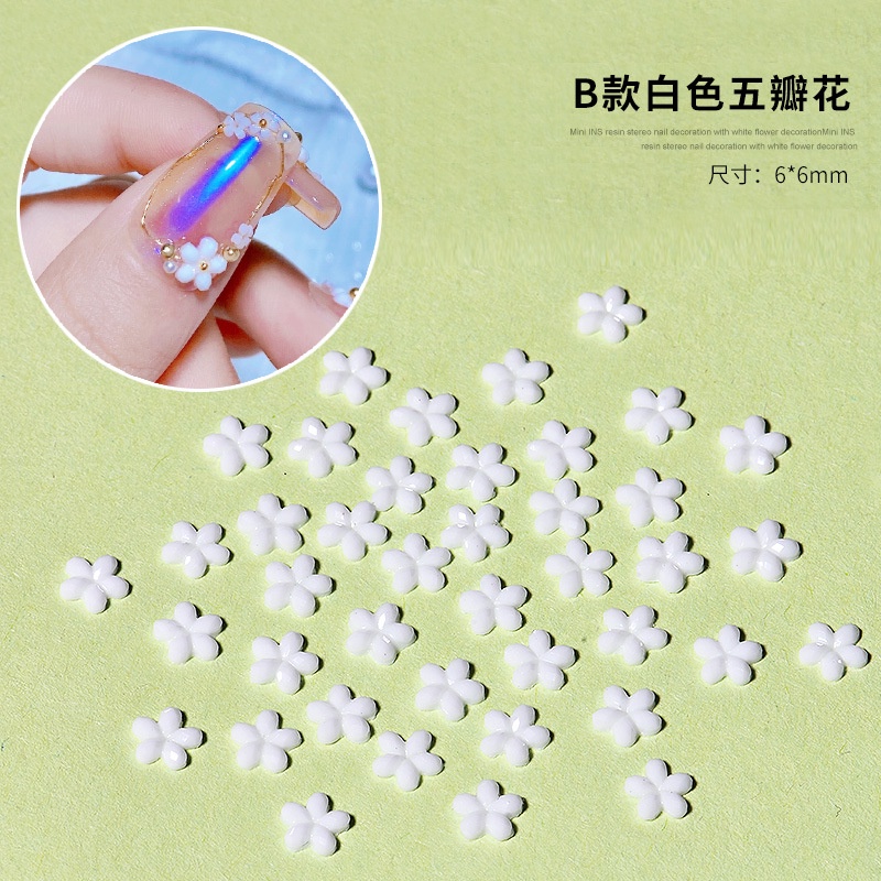 50 viên trong một gói Bông Hoa Nhỏ Màu Trắng Nhỏ Xinh Trang Trí Móng Tay Ba Chiều Phong Cách Nhật Bản