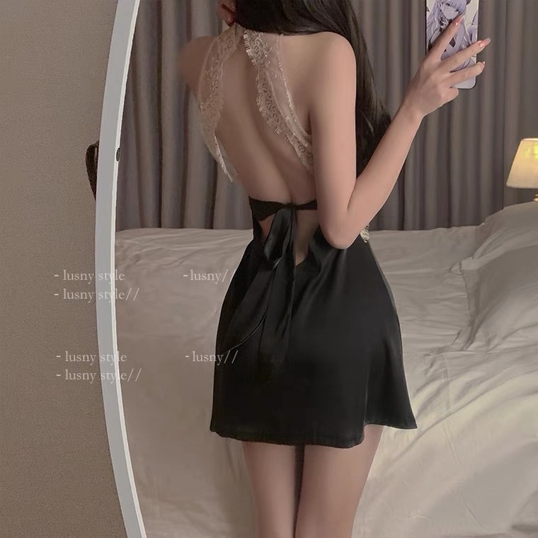 Váy ngủ lụa satin phối ren ngực dây đan lưng gợi cảm THE CELYNBRA - V36