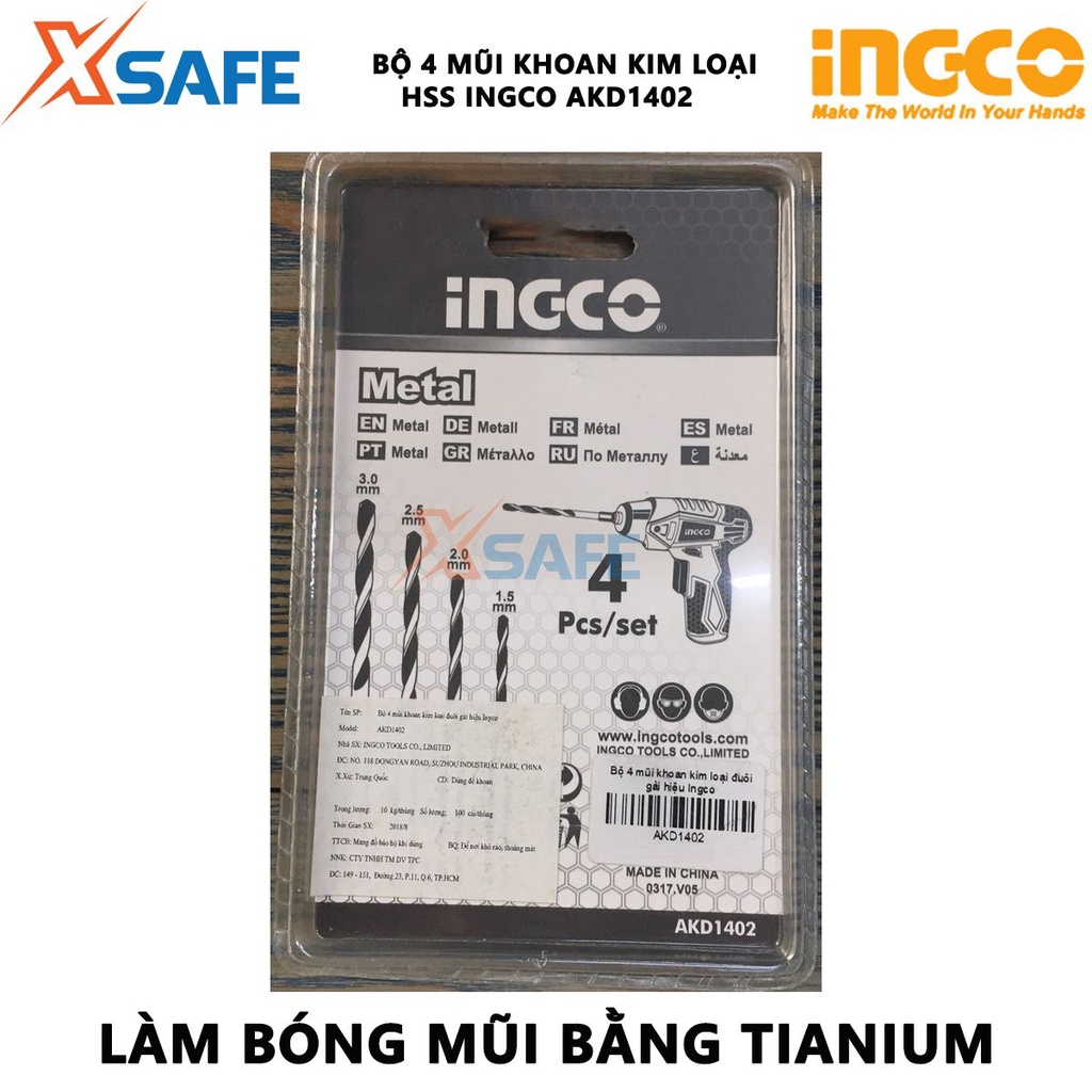 Bộ 4 mũi khoan kim loại HSS INGCO AKD1402 đuôi lục giác 1/4 inch, thép M2 HSS chất lượng, làm bóng mũi bằng Tianium