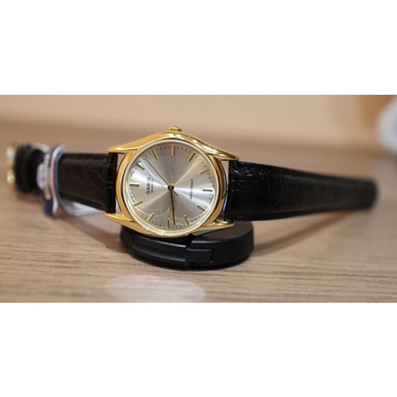 Đồng hồ nữ Casio LTP-1094Q-7A, đồng hồ chính hãng, dây da đen mặt ánh vàng, viền vàng