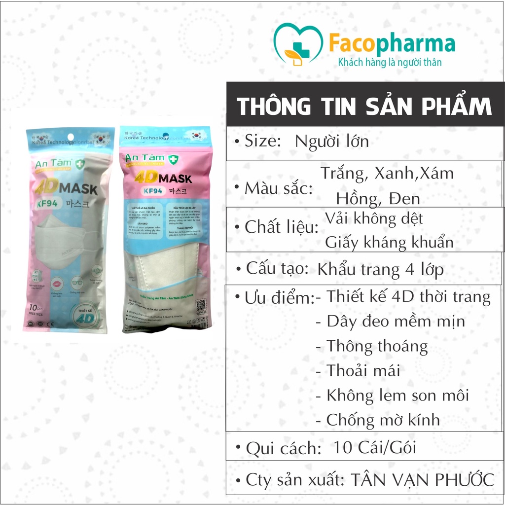 Khẩu trang 4d mask kf94 Hàn Quốc 4 lớp kháng khuẩn ngăn bụi mịn thông thoáng chính hãng An Tâm túi 10 cái AT4DO