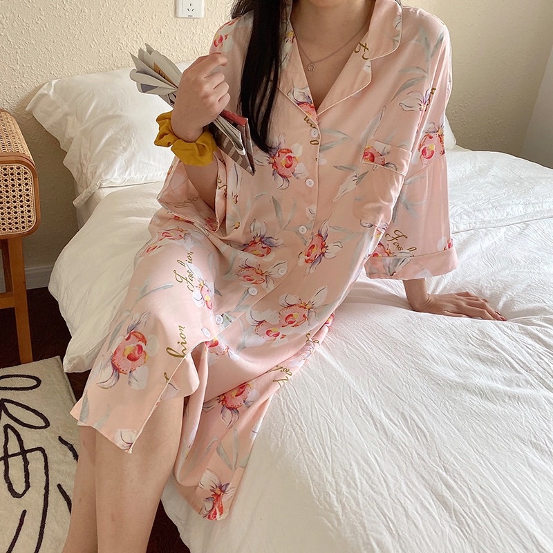 Váy ngủ Đầm mặc nhà pijama sơ mi QCCC cotton lanh lụa maxi dài hè mát mẻ bầu và sau sinh | BigBuy360 - bigbuy360.vn